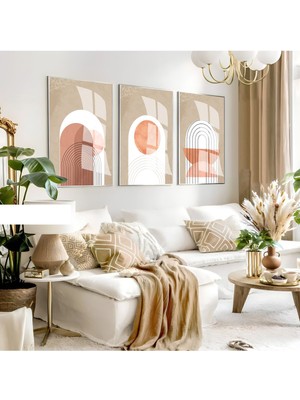 kiremit-Krem-Beyaz Renk Bohem Set 37 Minimalist |çerçeveli Cam Tablo 3lü Dikey