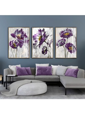 gri-Mor Çiçekli Kombin Seti |çerçeveli Cam Tablo  3lü Dikey