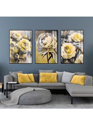 sarı-Gri Çiçekler Kombini|çerçeveli Cam Tablo  3lü Dikey
