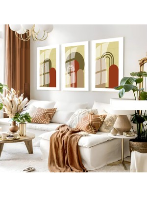 yeşil-Kahve Soyut Bohem Seti |çerçeveli Cam Tablo 3lü Dikey