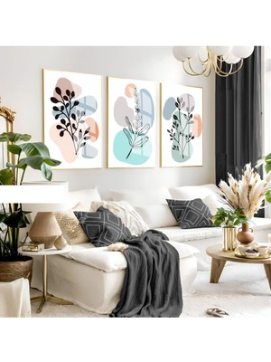 soft Gri Mavi Minimalist Yapraklı Set 04 |çerçeveli Cam Tablo 3lü Dikey