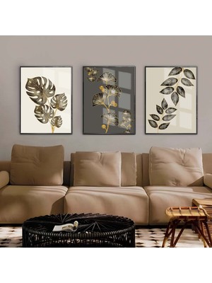 bej-Gri-Gold Tropik Yaprak Kombini 01 |çerçeveli Cam Tablo  3lü Dikey