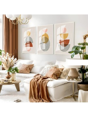 soft Sarı-Kahve Soyut Bohem Kombini |çerçeveli Cam Tablo 3lü Dikey
