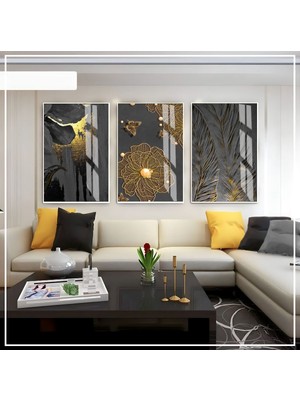 siyah-Gold-Gri  Soyut  Seti 01 |çerçeveli Cam Tablo 3lü Dikey