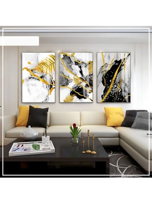 siyah -Gold Soft Renk Soyut Seti 02 |çerçeveli Cam Tablo 3lü Dikey