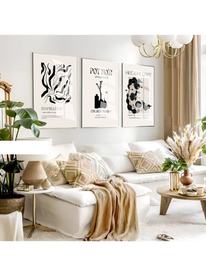 beyaz-Siyah Minimalist Soyut Bohem Seti |çerçeveli Cam Tablo 3lü Dikey