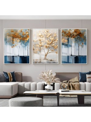 lacivert-Gold Soyut Ağaç Kombini|çerçeveli Cam Tablo  3lü Dikey