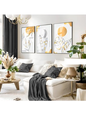 soft Gri-Sarı Minimalist Yapraklı Set 03 |çerçeveli Cam Tablo 3lü Dikey