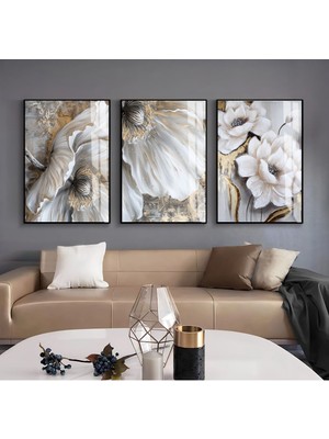 goldgri-Krem Çiçek Detaylı Kombini 02 |çerçeveli Cam Tablo  3lü Dikey