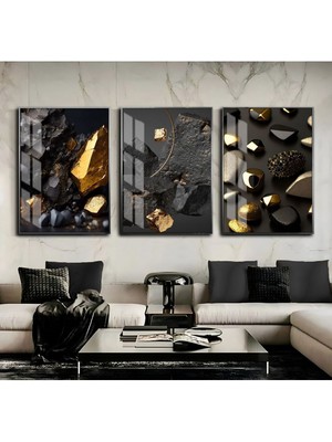 gold-Siyah Soyut Abstract Kombini 01|çerçeveli Cam Tablo 3lü Dikey