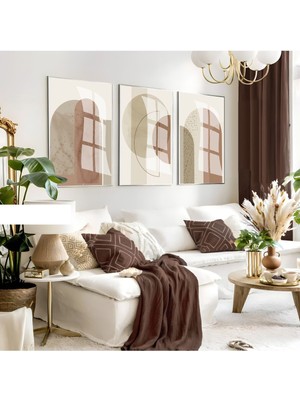 krem-Ekru-Bej Soft Renk  Bohem Set 34 Minimalist |çerçeveli Cam Tablo 3lü Dikey