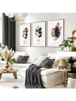 gri-Turuncu Minimal Yapraklı Kombini 01 |çerçeveli Cam Tablo 3lü Dikey