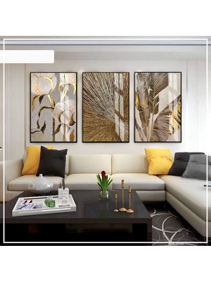 gri-Gold Soft Renk Soyut Yaprak Çiçek Seti |çerçeveli Cam Tablo 3lü Dikey