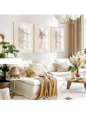 soft Tonlar Minimalist Soyut Set|çerçeveli Cam Tablo 3lü Dikey
