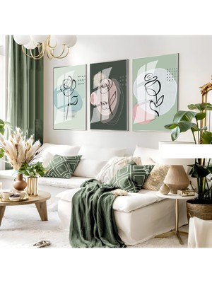 yeşil Tonlar Minimalist Gül Çizimli Set|çerçeveli Cam Tablo 3lü Dikey