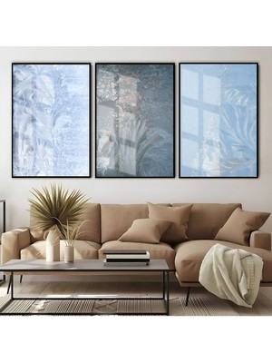 Harikabirev|mavi Tonlar Soyut Kombin 01 |çerçeveli Cam Tablo  3lü Dikey