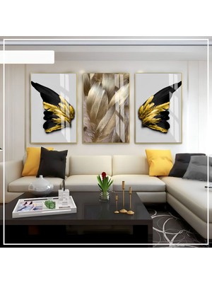 beyaz-Siyah-Gold Soft Kanat Tüy Seti |çerçeveli Cam Tablo 3lü Dikey