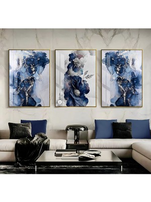 lacivert-Gümüş Sevilen Çiçek ve Abstracrt Kombini |çerçeveli Cam Tablo 3lü Dikey