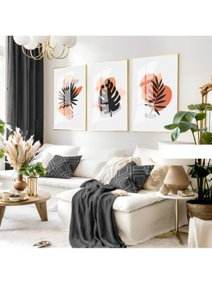 gri-Turuncu Minimal Yapraklı Kombini 04 |çerçeveli Cam Tablo 3lü Dikey