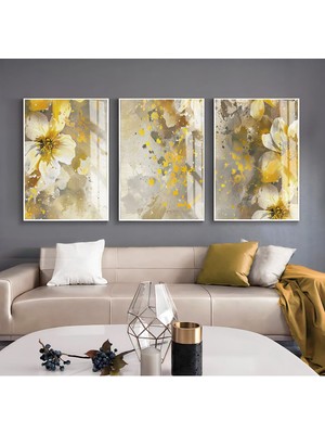 sarı-Gri Çiçek Desenli Kombin |çerçeveli Cam Tablo  3lü Dikey