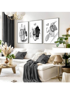 gri-Siyah-Beyaz Soyut Kombini |çerçeveli Cam Tablo 3lü Dikey
