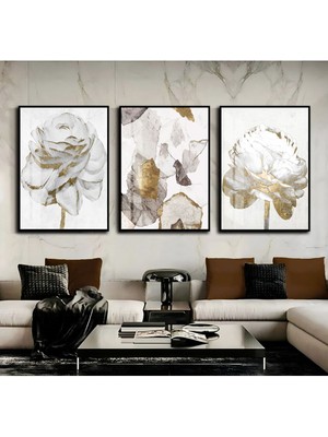 beyaz-Gold Soyut Gül Kombini 01 |çerçeveli Cam Tablo 3lü Dikey
