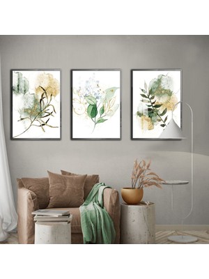 Harikabirev|yeşil Renk Soyut Yaprak Kombin 3|çerçeveli Cam Tablo 3lü Dikey