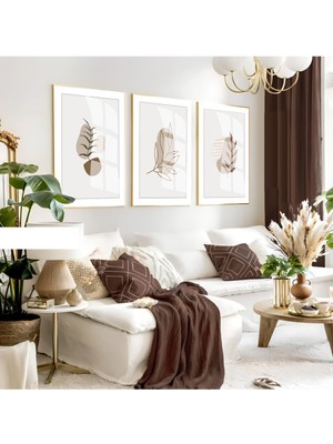 kahverengi-Gri Minimalist Yapraklı Bohem Seti |çerçeveli Cam Tablo 3lü Dikey