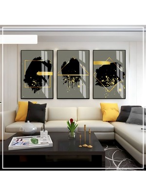 siyah-Gold-Gri Soyut Seti 03 |çerçeveli Cam Tablo 3lü Dikey