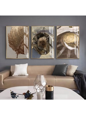 siyah-Gold Renk Soyut Yaprak ve Çiçek Kombin |çerçeveli Cam Tablo 3lü Dikey