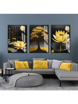 sarı-Siyah Ağaç Çiçek Kombini I|çerçeveli Cam Tablo  3lü Dikey