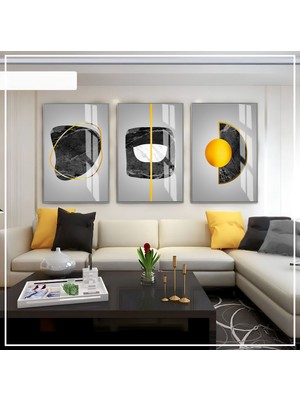 gri-Siyah -Gold Soft Renk Soyut Seti 06 |çerçeveli Cam Tablo 3lü Dikey