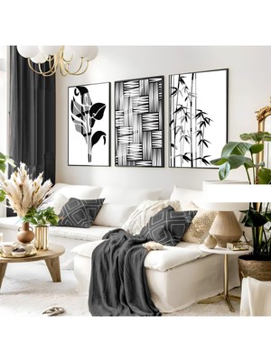 siyah-Beyaz Soyut Kombini|çerçeveli Cam Tablo 3lü Dikey