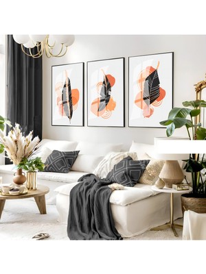 gri-Turuncu Minimal Yapraklı Kombini 02 |çerçeveli Cam Tablo 3lü Dikey