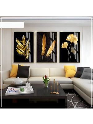 siyah-Gold Yapraklar  Seti 01 |çerçeveli Cam Tablo 3lü Dikey