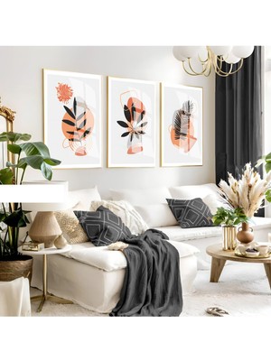 krem-Gri Yapraklı Bohem Seti |çerçeveli Cam Tablo 3lü Dikey
