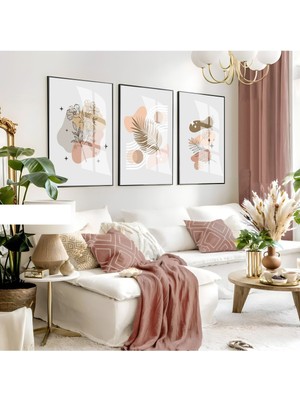 gri-Kahve Minimalist Çiçek Seti |çerçeveli Cam Tablo 3lü Dikey