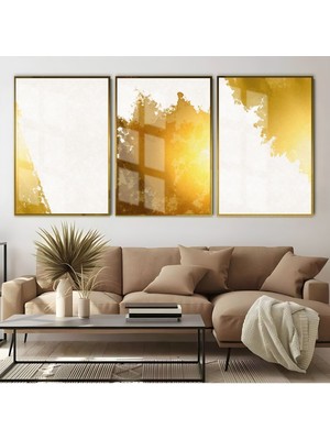 beyaz-Gold Soyut Kombin 03 |çerçeveli Cam Tablo  3lü Dikey