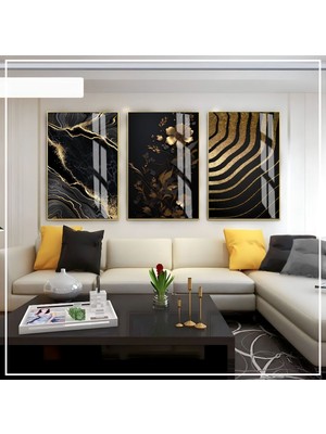 siyah-Gold Soyut Çiçekli Set 01 |çerçeveli Cam Tablo 3lü Dikey