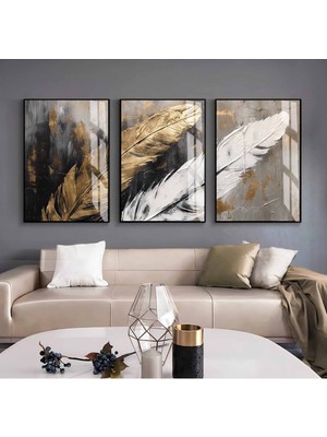 siyah-Gold-Beyaz Tüy Kombini |çerçeveli Cam Tablo  3lü Dikey