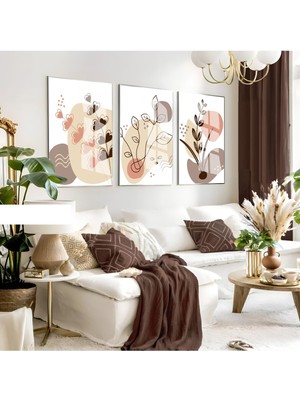 gri-Krem Yapraklı Minimalist Bohem Seti |çerçeveli Cam Tablo 3lü Dikey