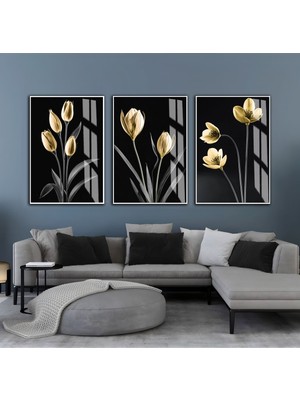 siyah-Sarı Çiçekli Kombin Seti |çerçeveli Cam Tablo  3lü Dikey