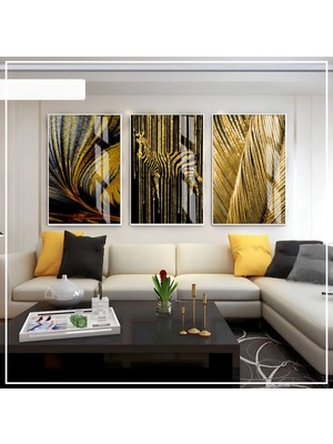 siyah-Gold Renk Soyut Zebra Seti |çerçeveli Cam Tablo 3lü Dikey