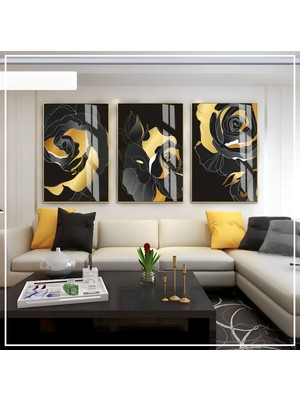 siyah-Gold Soft Renk Soyut Gül Seti 02 |çerçeveli Cam Tablo 3lü Dikey