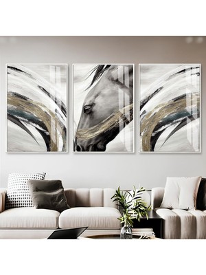 gri-Gold-Siyah At Detaylı Soyut Kombini |çerçeveli Cam Tablo  3lü Dikey