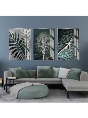 gümüş-Yeşil Yaprak Ağaç Kombini |çerçeveli Cam Tablo  3lü Dikey