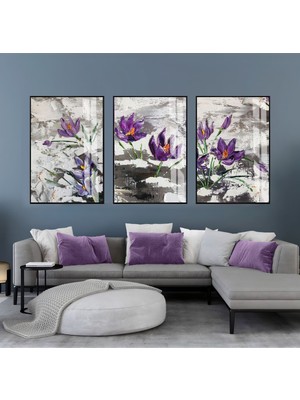 gri-Mor Çiçek Boyama Görünümlü Kombin|çerçeveli Cam Tablo  3lü Dikey