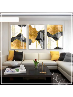 siyah-Gold-Beyaz Soyut Seti 01 |çerçeveli Cam Tablo 3lü Dikey