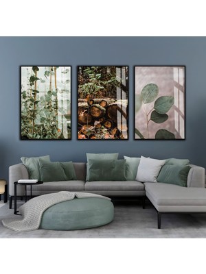 kahverengi-Yeşil Yapraklı Kombin |çerçeveli Cam Tablo  3lü Dikey