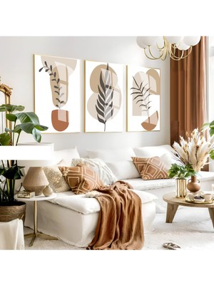 krem-Kahverengi Minimalist Bohem Yaprak Seti |çerçeveli Cam Tablo 3lü Dikey
